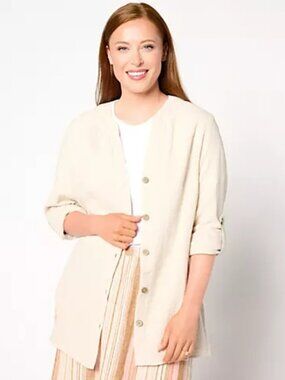 Denim & Co. Beach Button Up Big Shirt Gauze Stone Khaki PL A649399